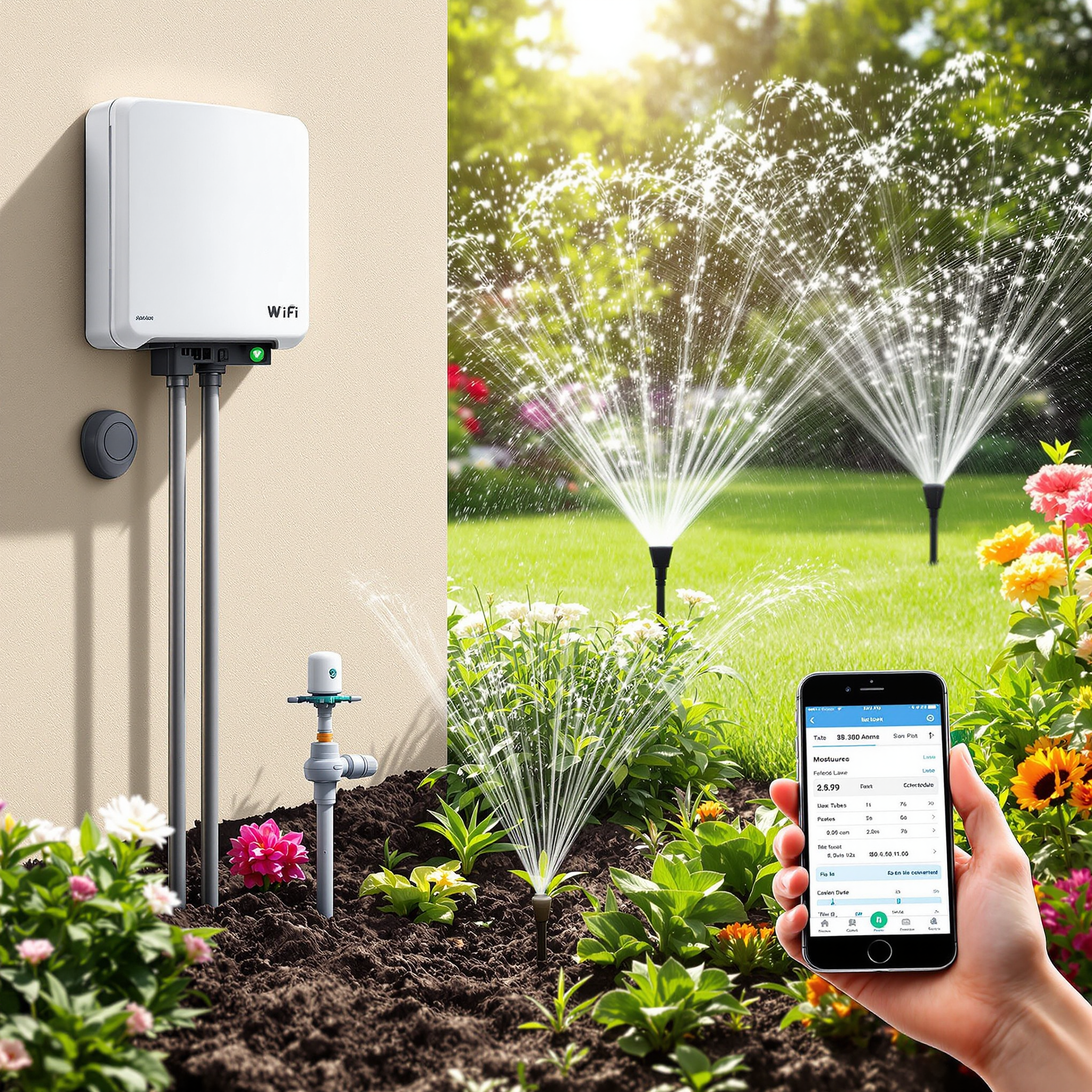 Automatic garden irrigation system with smart mobile control and moisture sensors