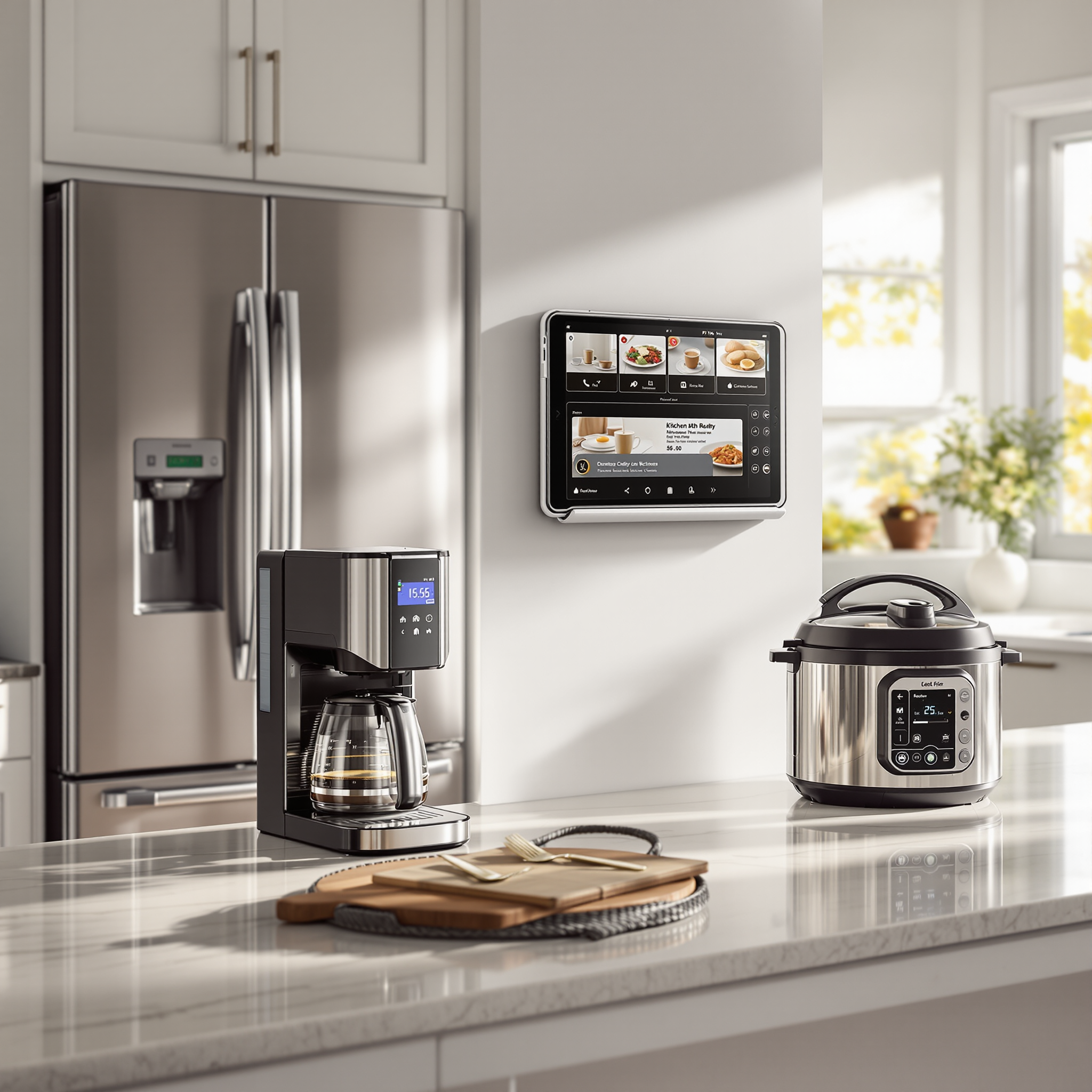 Modern smart kitchen with intelligent appliances controlled via mobile app