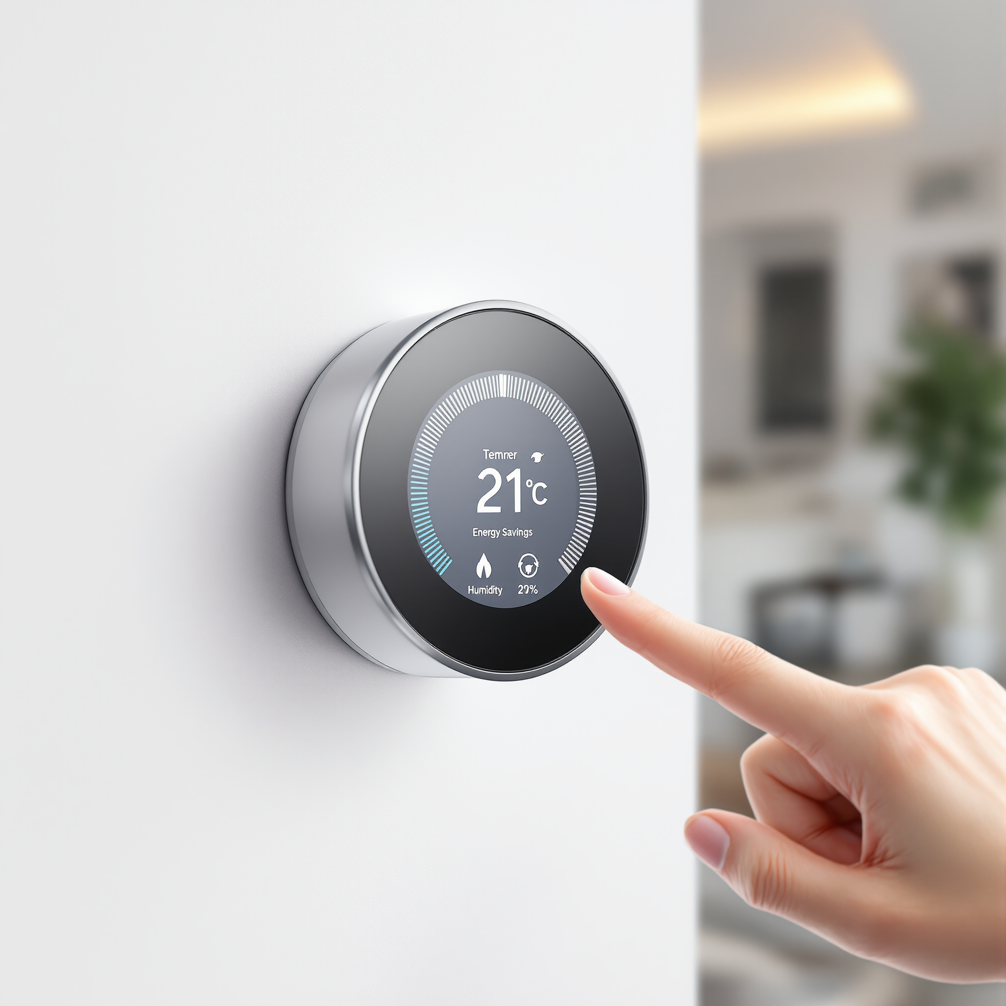 Modern smart thermostat on wall with digital display showing temperature and energy savings