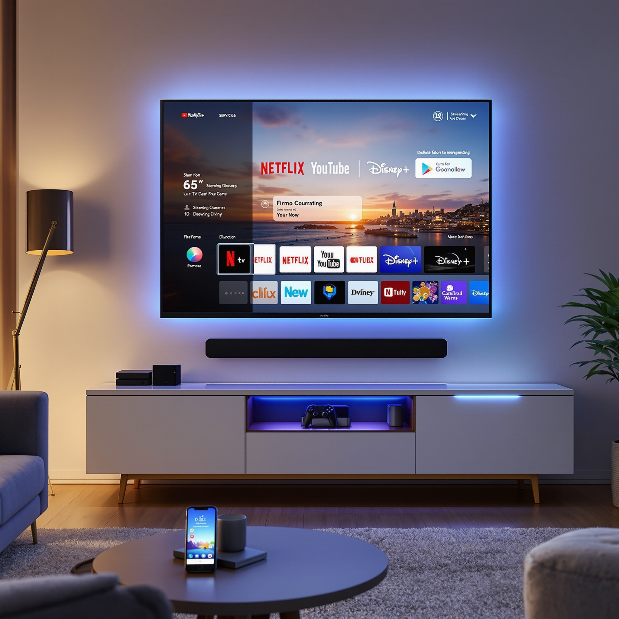 Modern living room with Smart TV and multimedia center integrated into smart home system