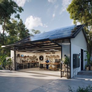 Modern workshop with garage and solar panels on roof for energy independence and eco-friendly tool power